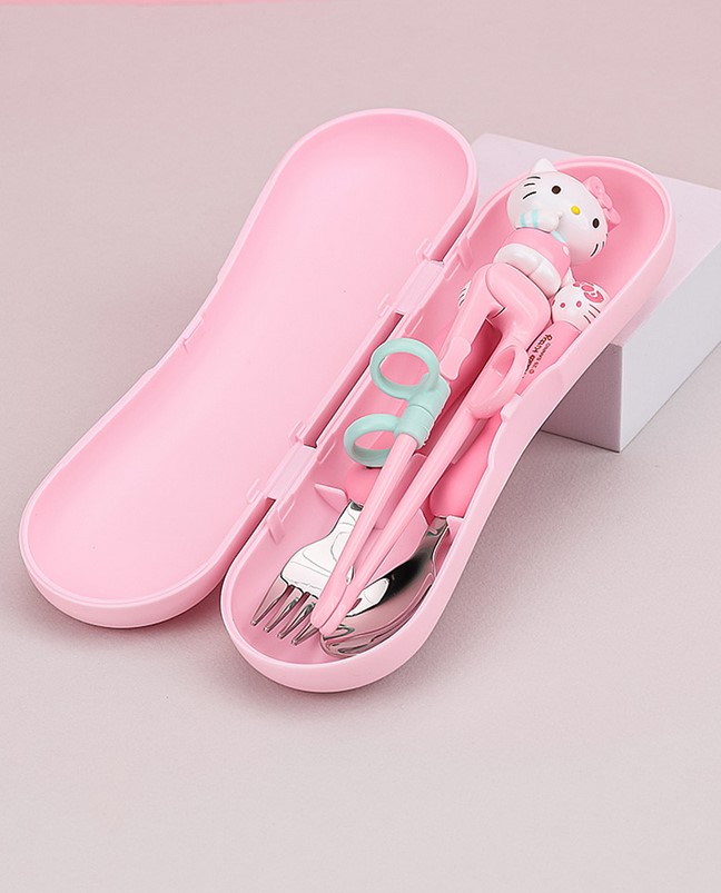 【預訂】 韓國直送 Sanrio Hello Kitty 學習筷子餐具連收納盒三件套