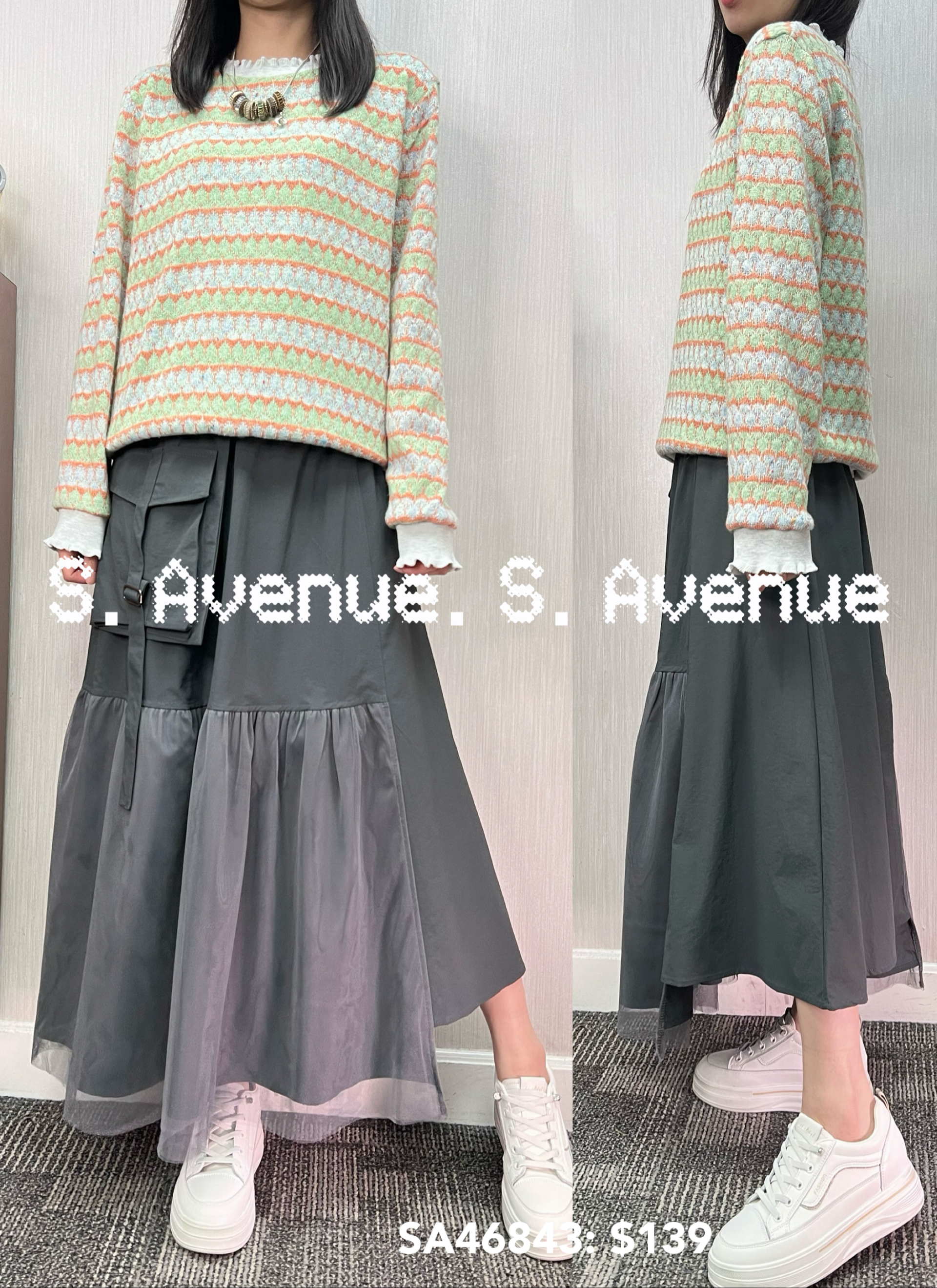 SA46842: 長袖波浪邊領橫間毛lace top