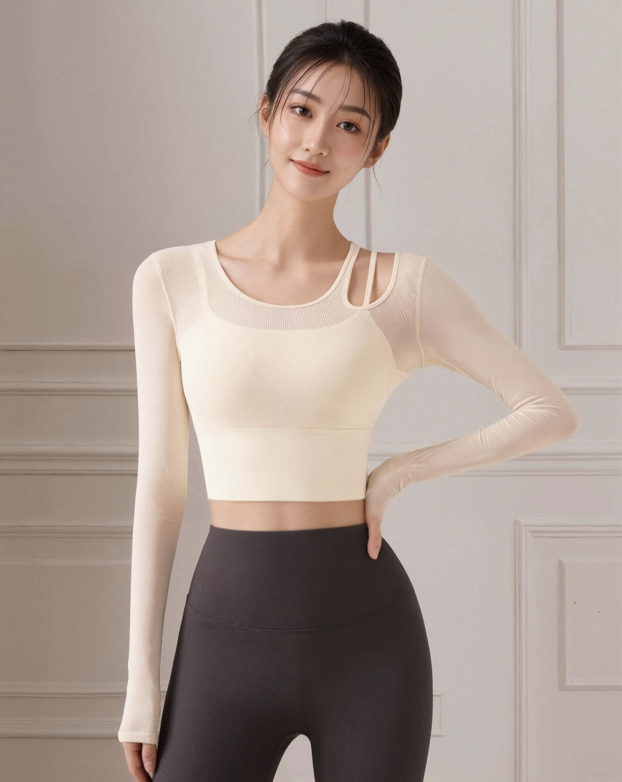 單肩鏤空網紗假兩件瑜珈長袖上衣