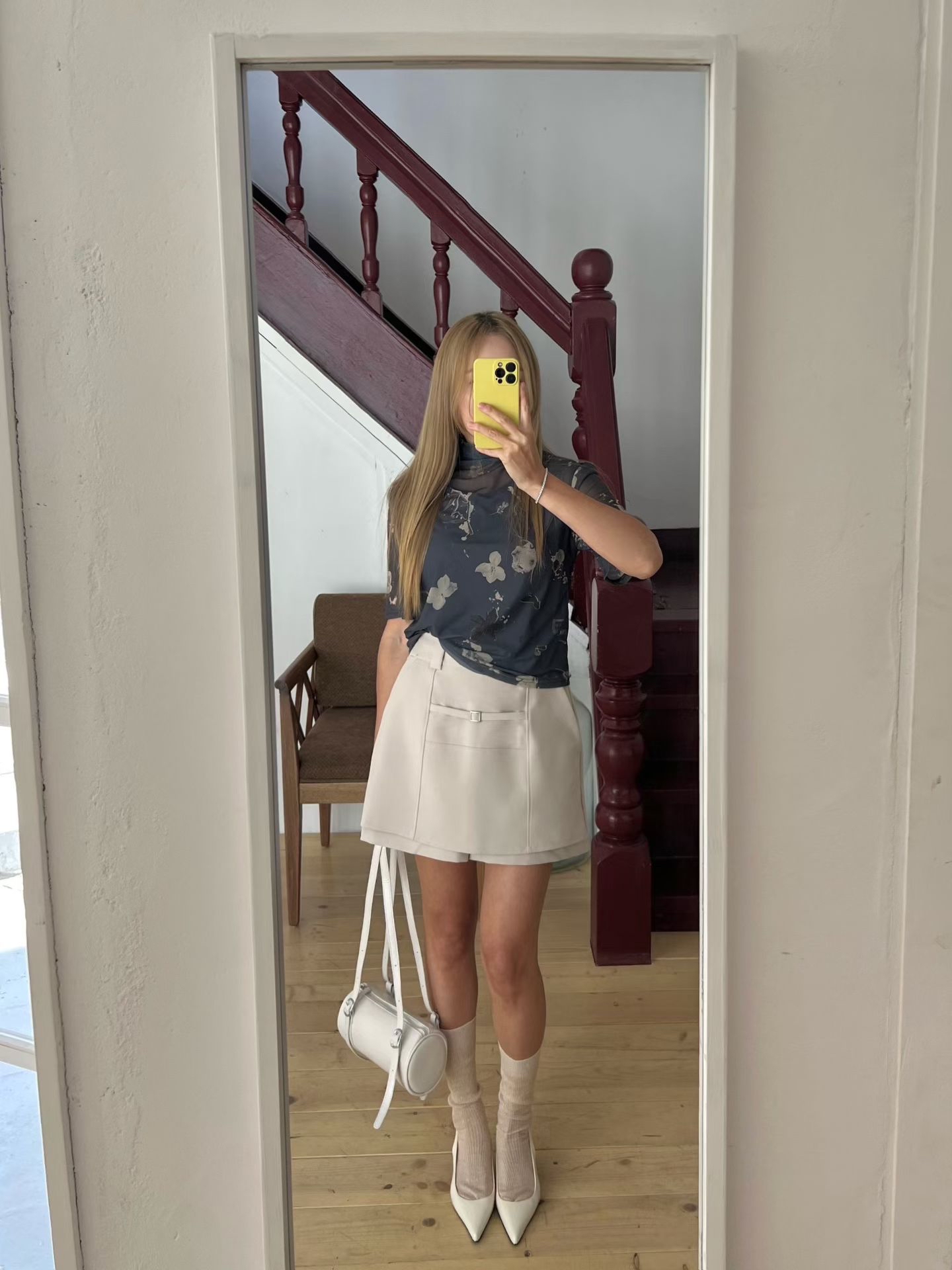 B2 復古印花透紗疊穿 T