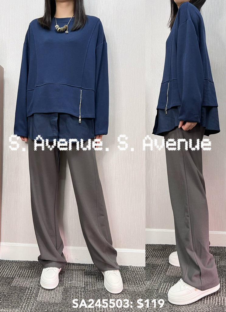 SA248503: 長袖側拉錬拼布鬆身tee