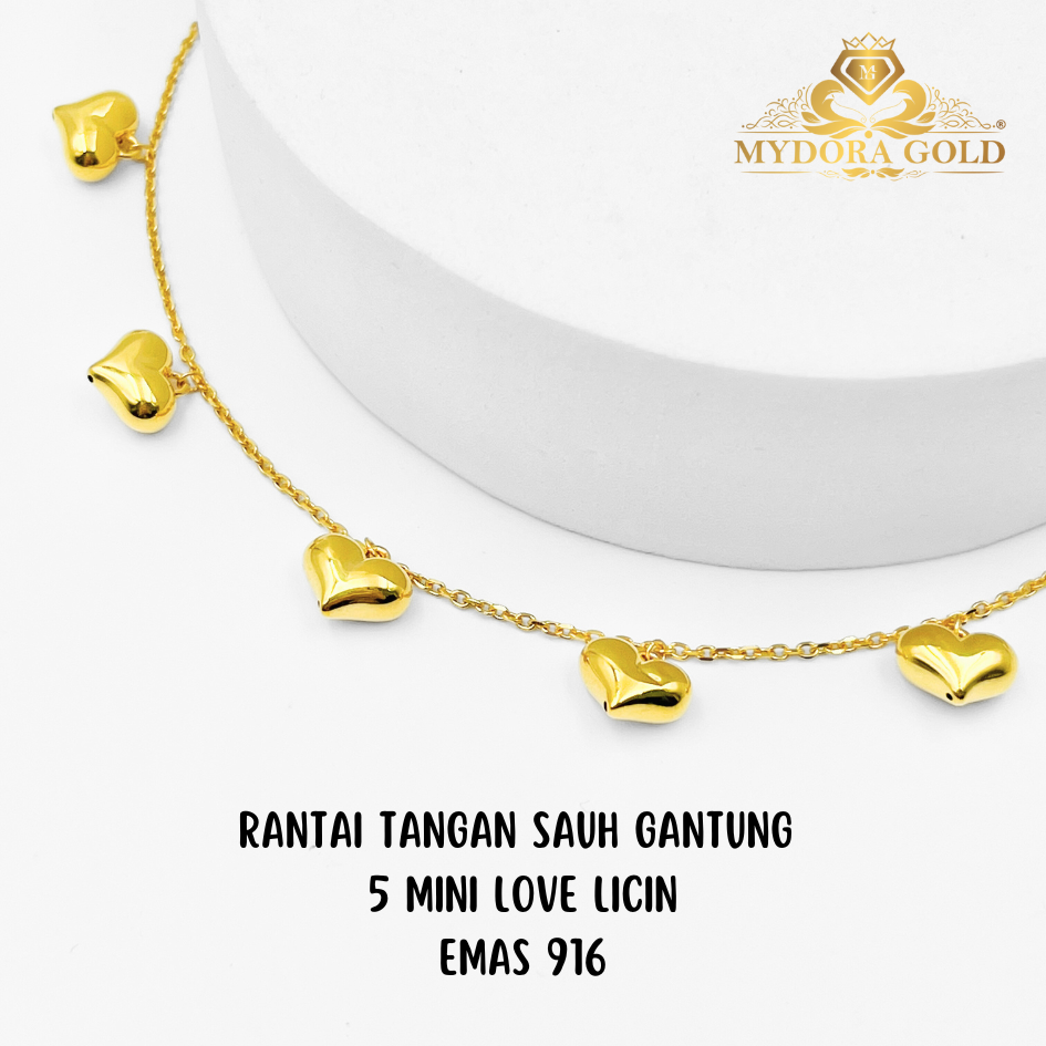 MYDORA Rantai Tangan Sauh Gantung 5 Mini Love Licin l EMAS 916/22K