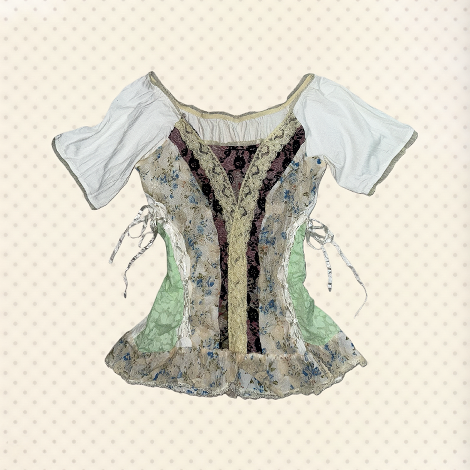 Patchwork Lace Fairy Blouse With Side Ribbon Ties