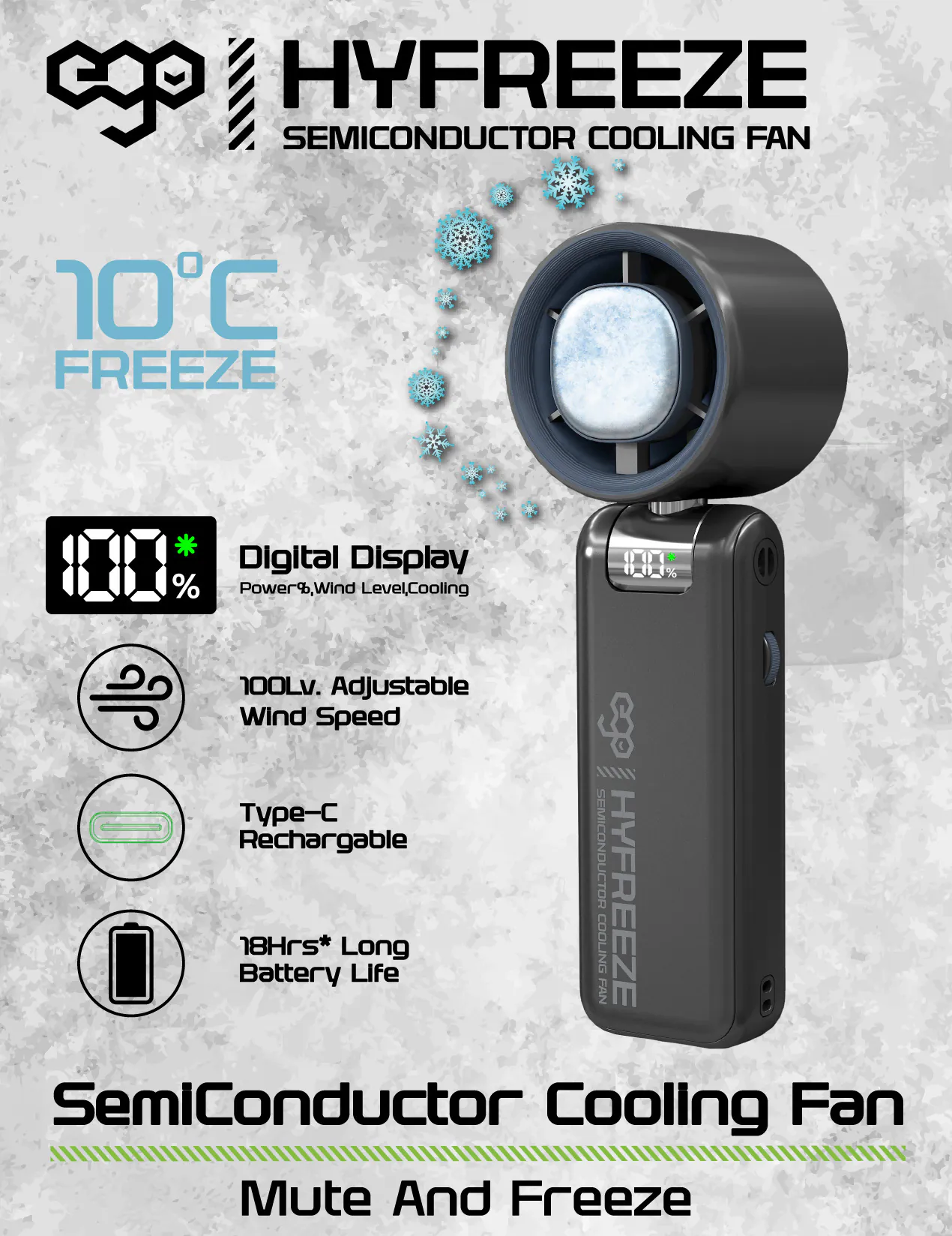 香港行貨 一年保養 ego - HyFreeze 半導體制冷風扇 冰敷手持高速風扇 18小時長氣 / 半導體制冷10度 / LED顯示 / 靜音 / 180度角度調較 HF1