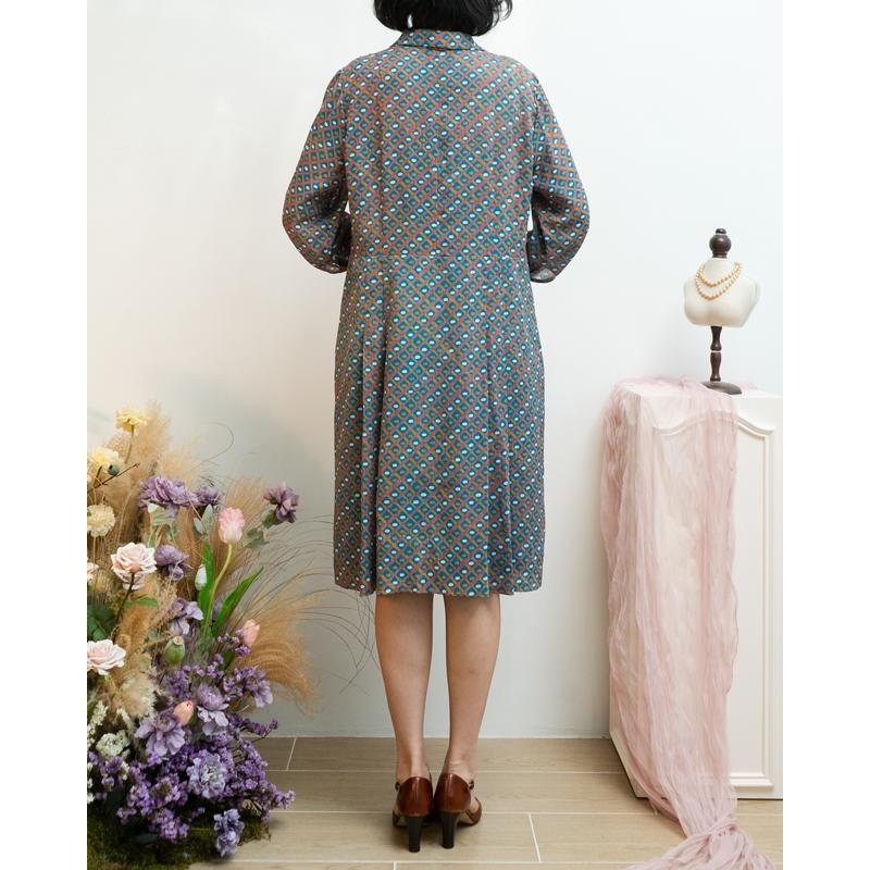 Vintage Trio Colour Simplicity Motif Mid-Sleeve V-Neck ShirtDress(MT1842-14)