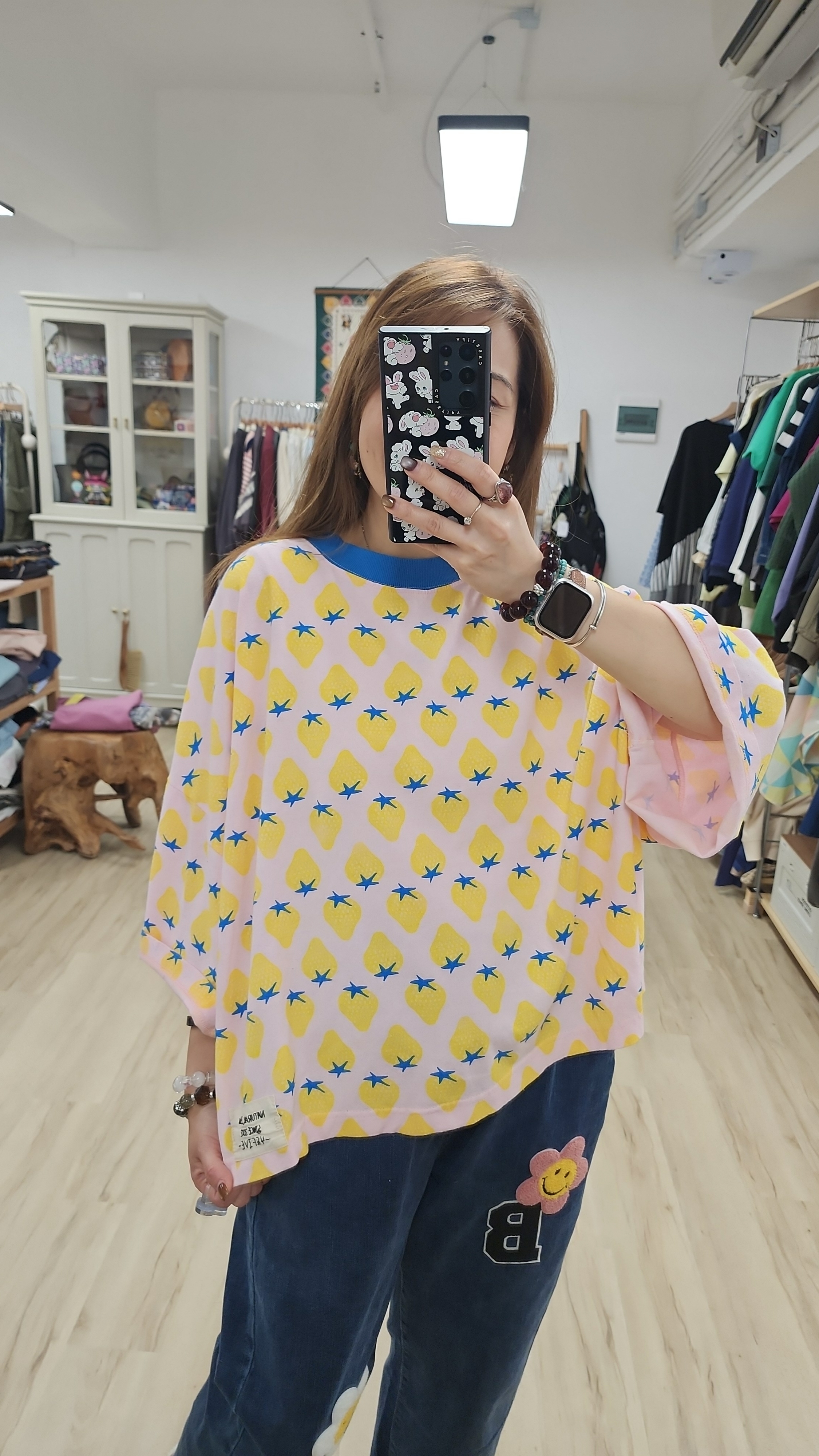 韓國粉紅拼黃士多啤梨圖案棉Tee