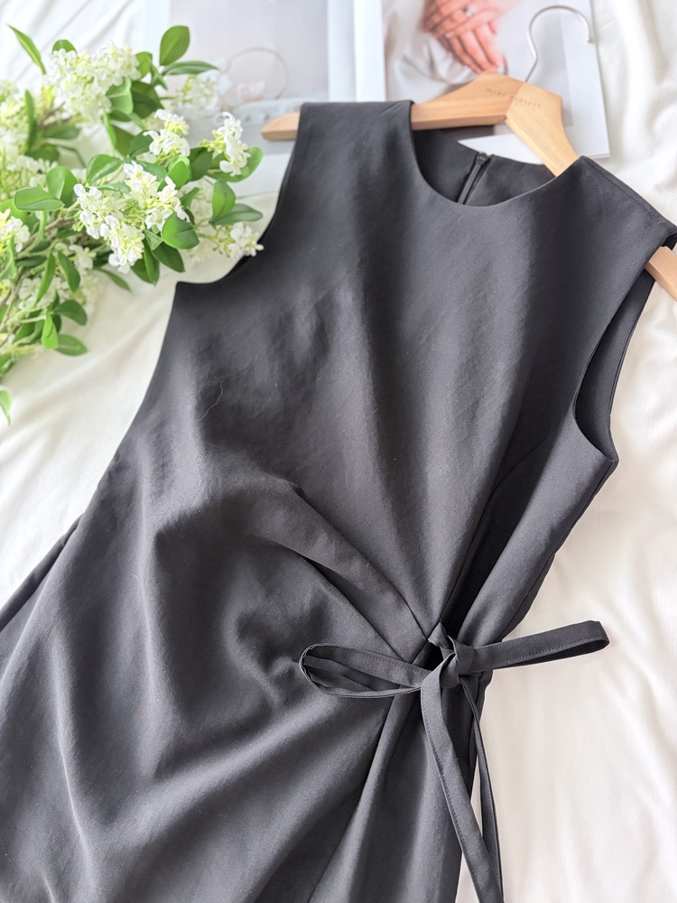 Gathered Waist Tie Dress (Black)