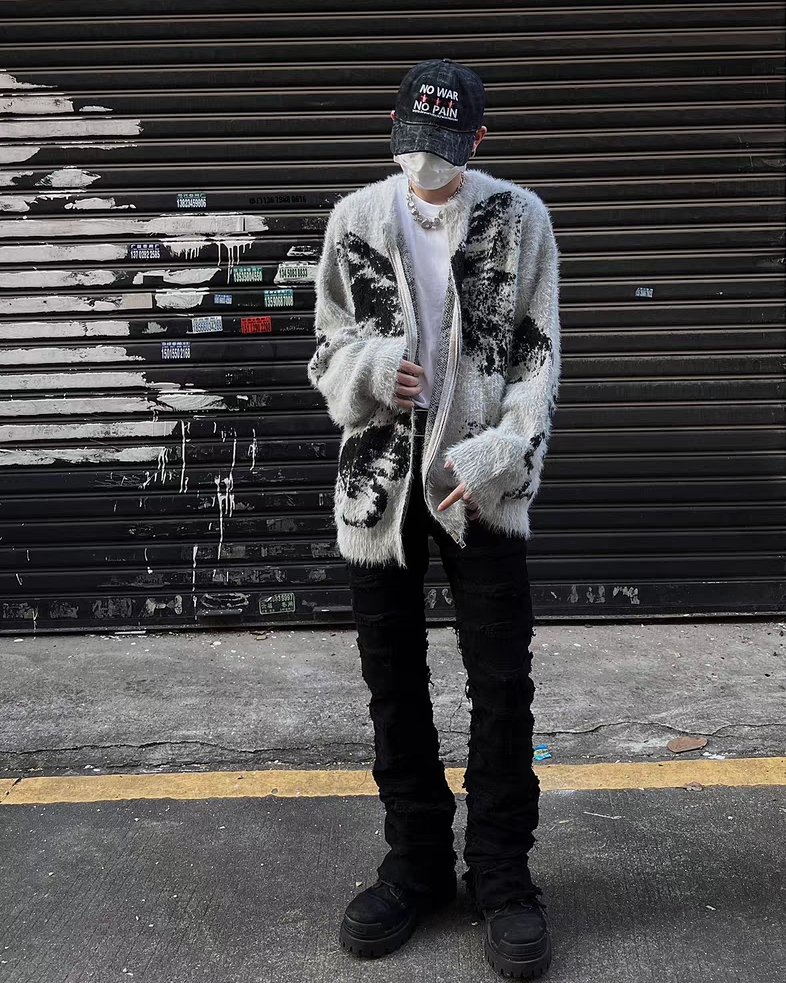 W2408蝴蝶提花海馬毛拉鍊外套