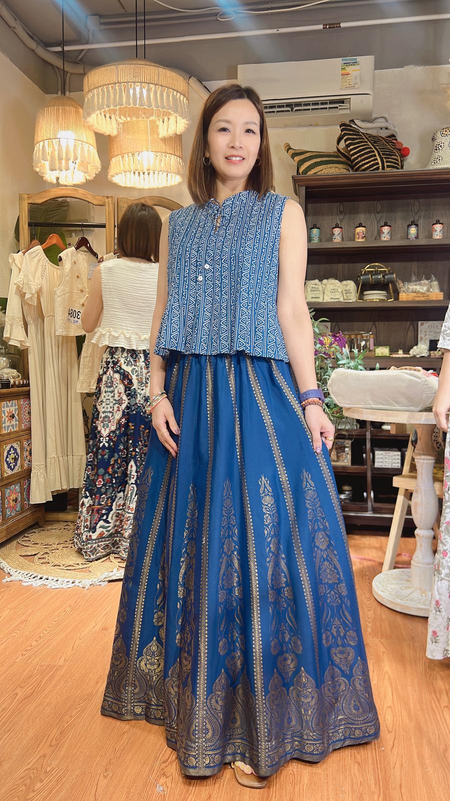 3108 Blue Gold Foil Stamping A-Line Skirt 38"