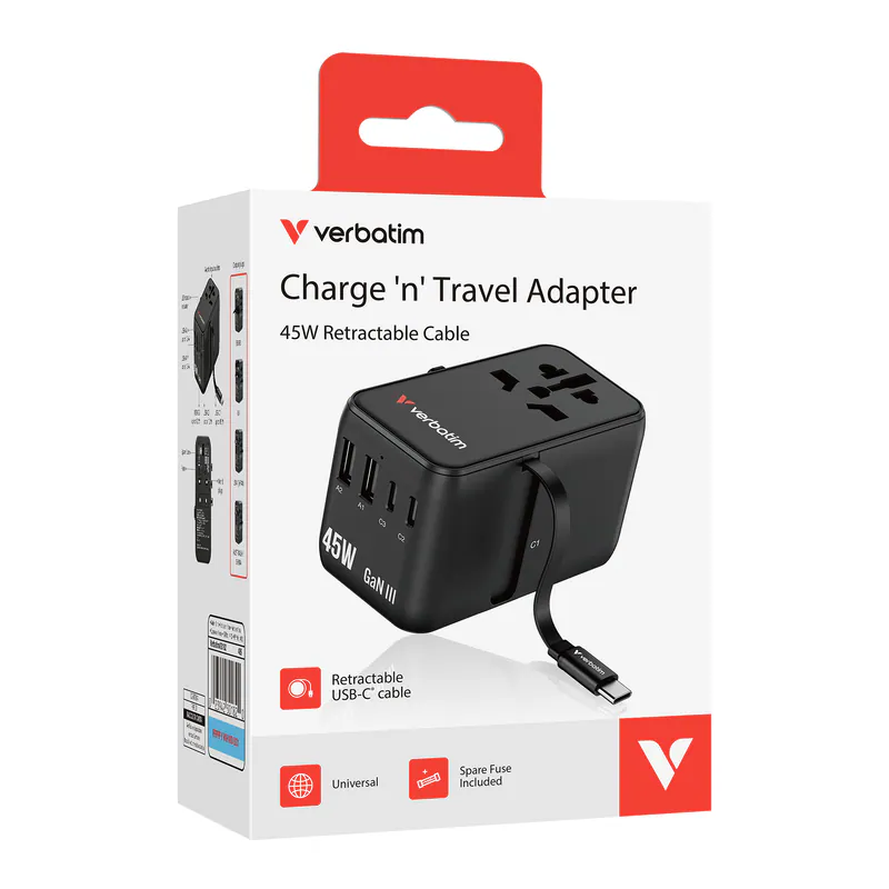 香港行貨 一年保養 Verbatim(威寶) Charge 'n' Travel 45W 通用旅行轉插 (附USB-C可伸縮充電線) 30182