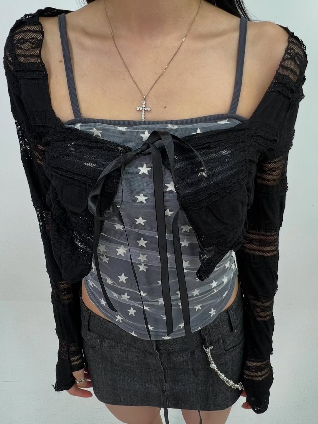 韓國y2K綁帶通心花花方領外套