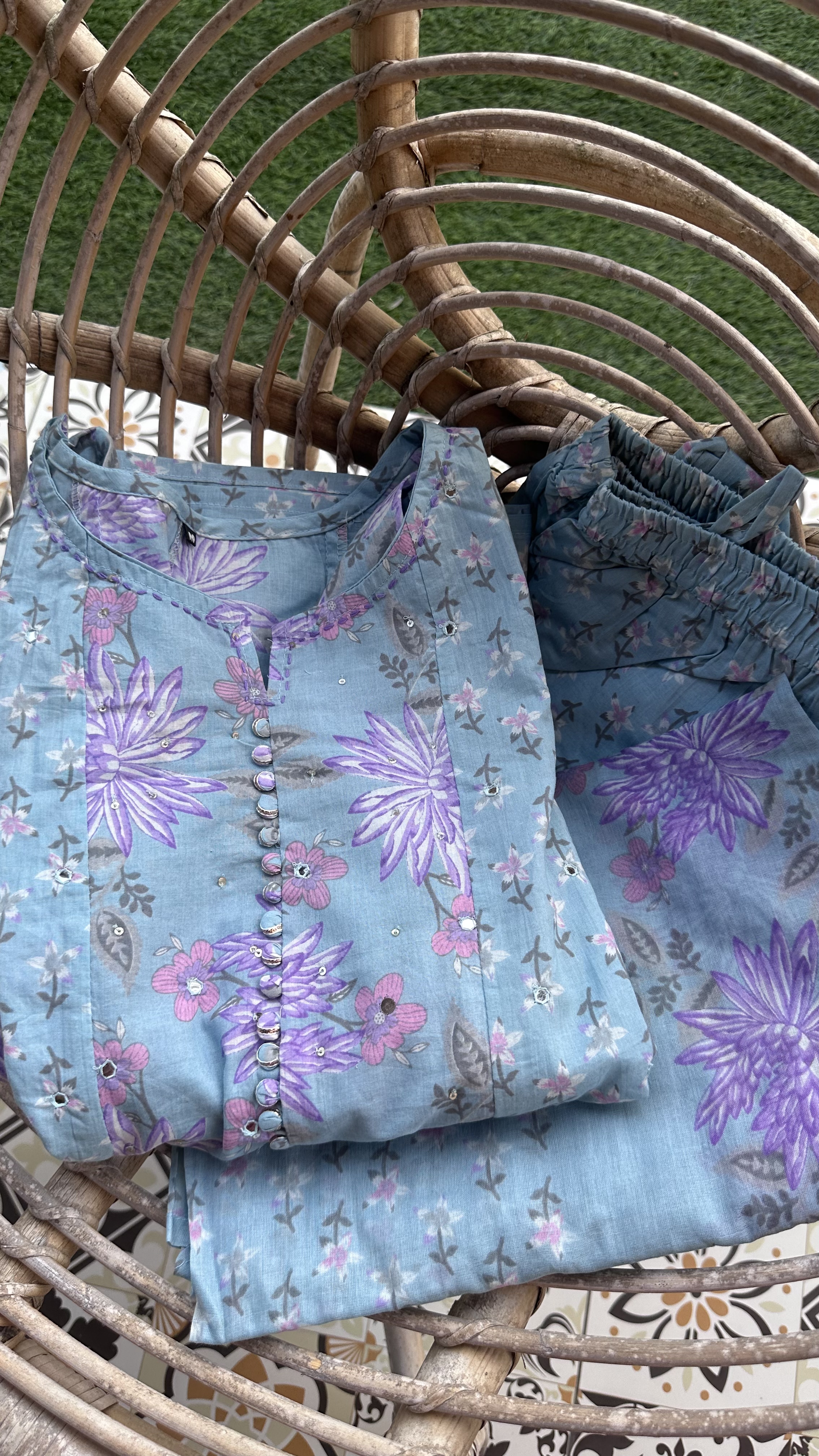 Blue Purple flower Anarkali Kurta Set