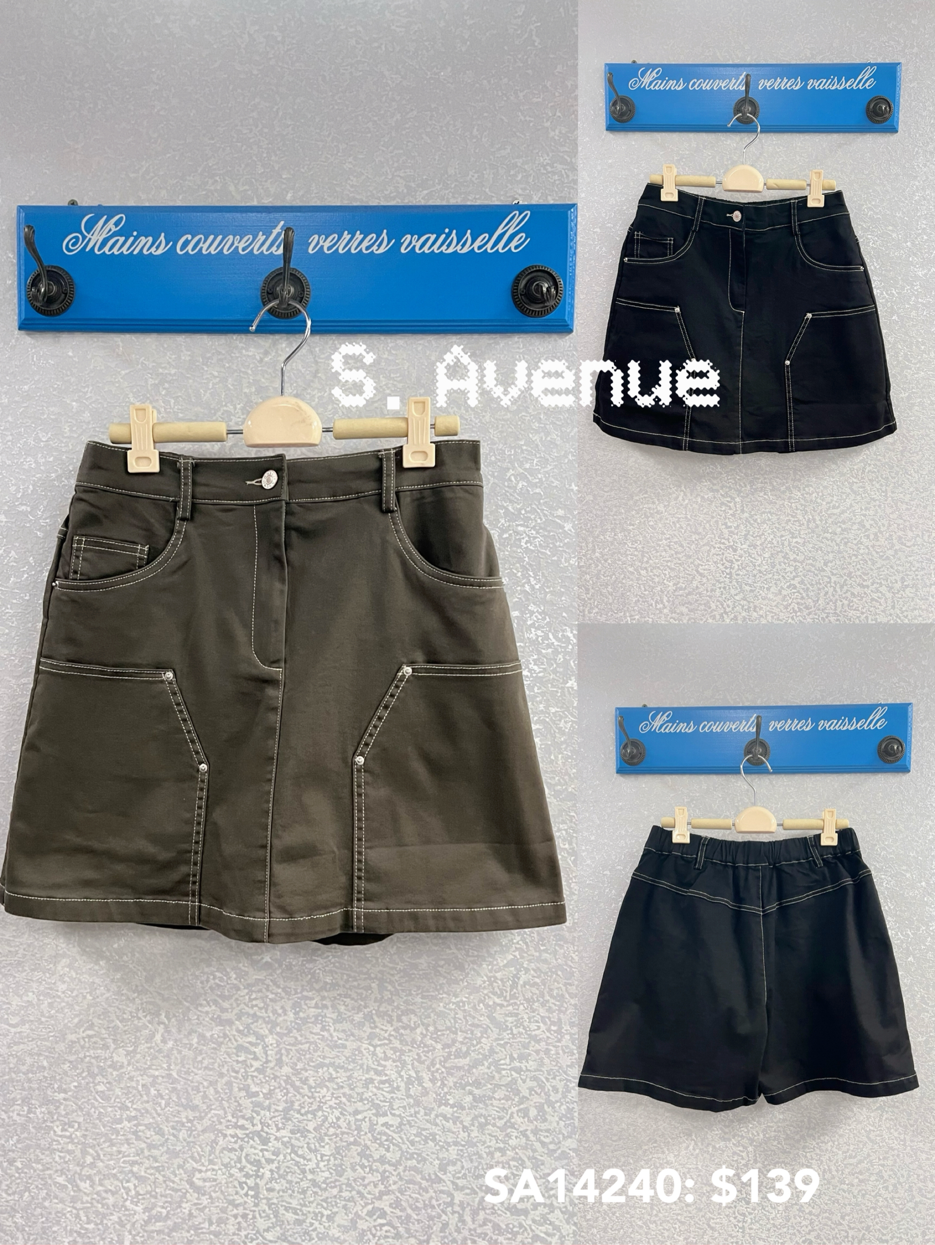 SA14240: 前有鈕拉錬後橡筋腰雙方袋明線短裙褲