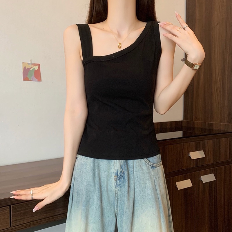 B405(16115) 韩版纯欲斜领口设计感黑白内搭背心 
