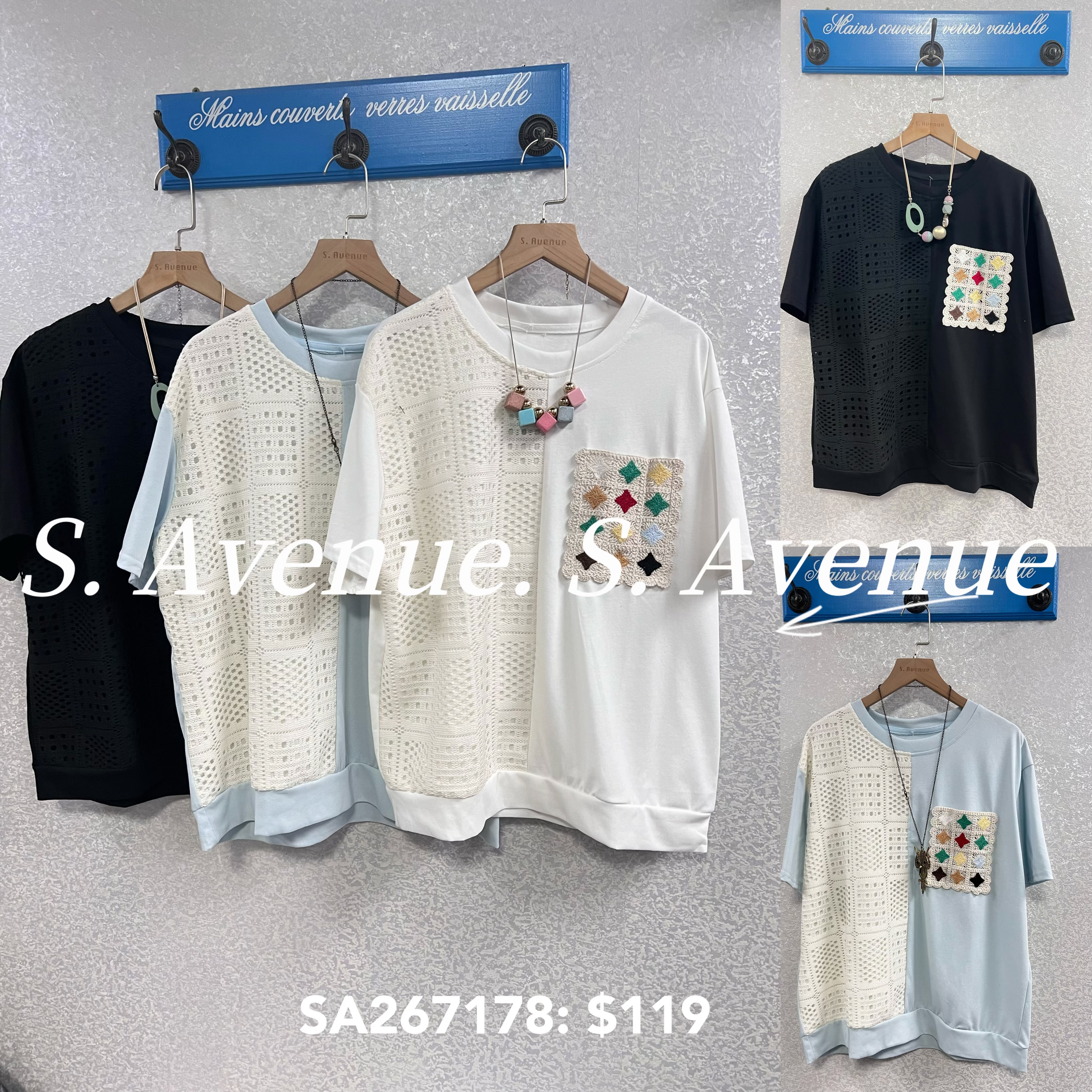 SA267178: 短袖側拼lace勾織袋tee
