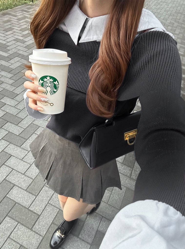 假兩件針織拼色恤衫(JP)[黑色]309508