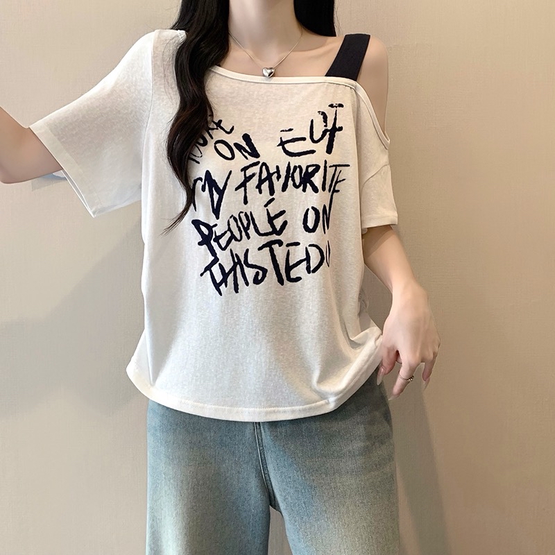 B292(3995) 美式涂鸦风文字斜领单吊带5色上衣 