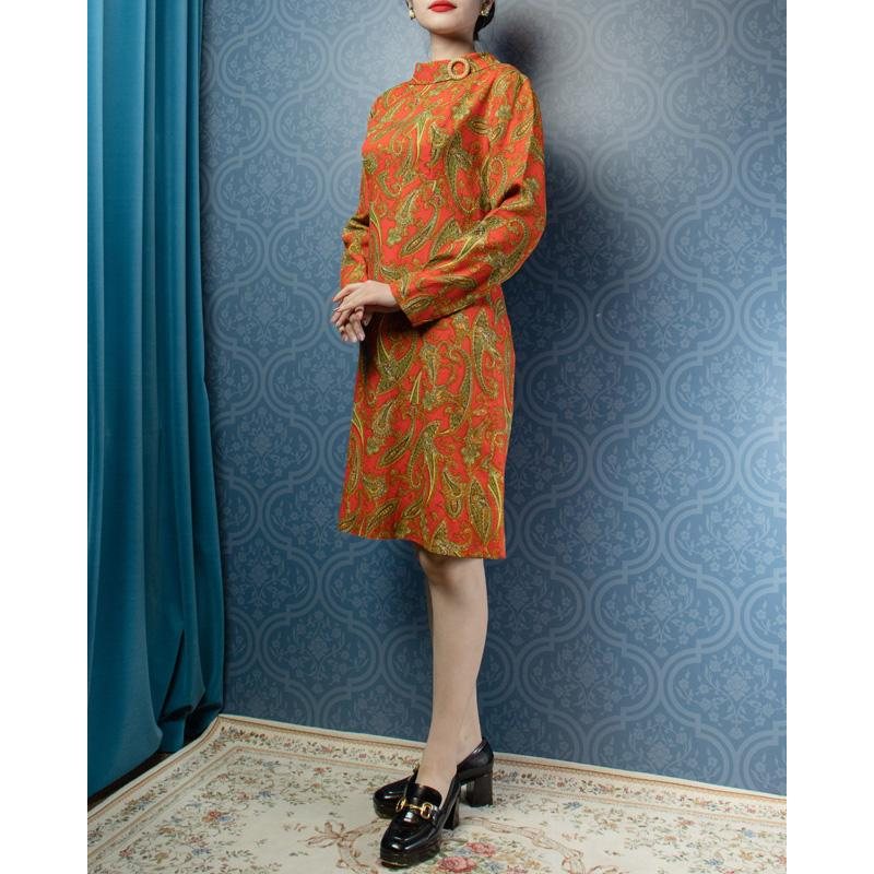 RARE!C.a. 1960-70s Rolled Collar Paisley Pattern Orange Shift Dress(MU101-13)