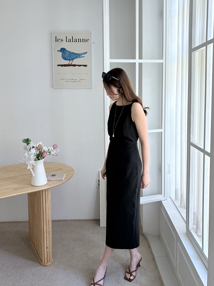 Linen Blend Twisted Strap Dress (Black)