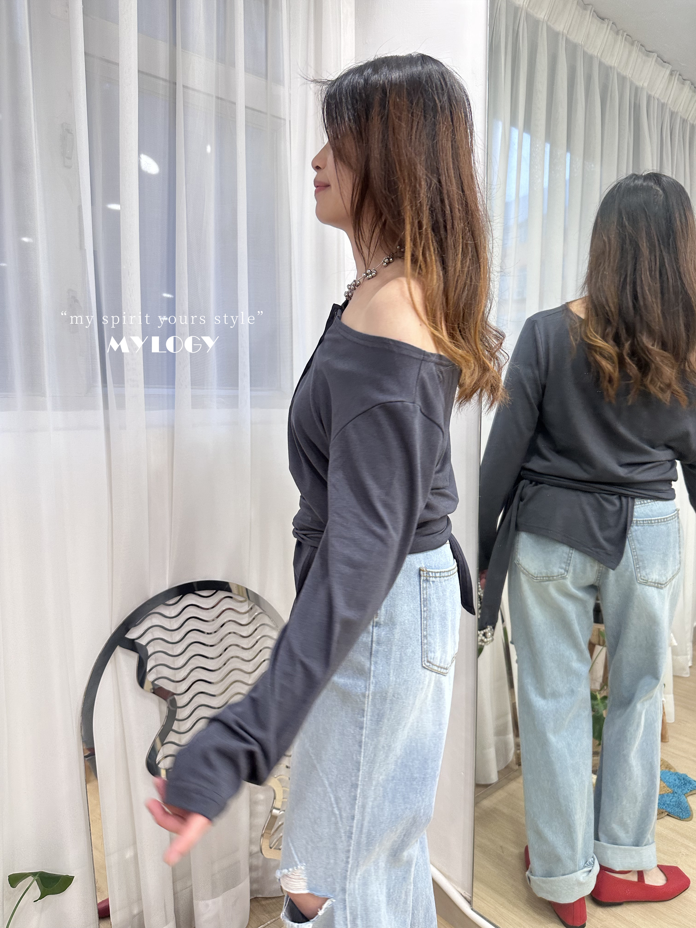 韓系 L/S Off Shoulder 排扣不規則下擺 TEE JD0008 - 深藍 Navy