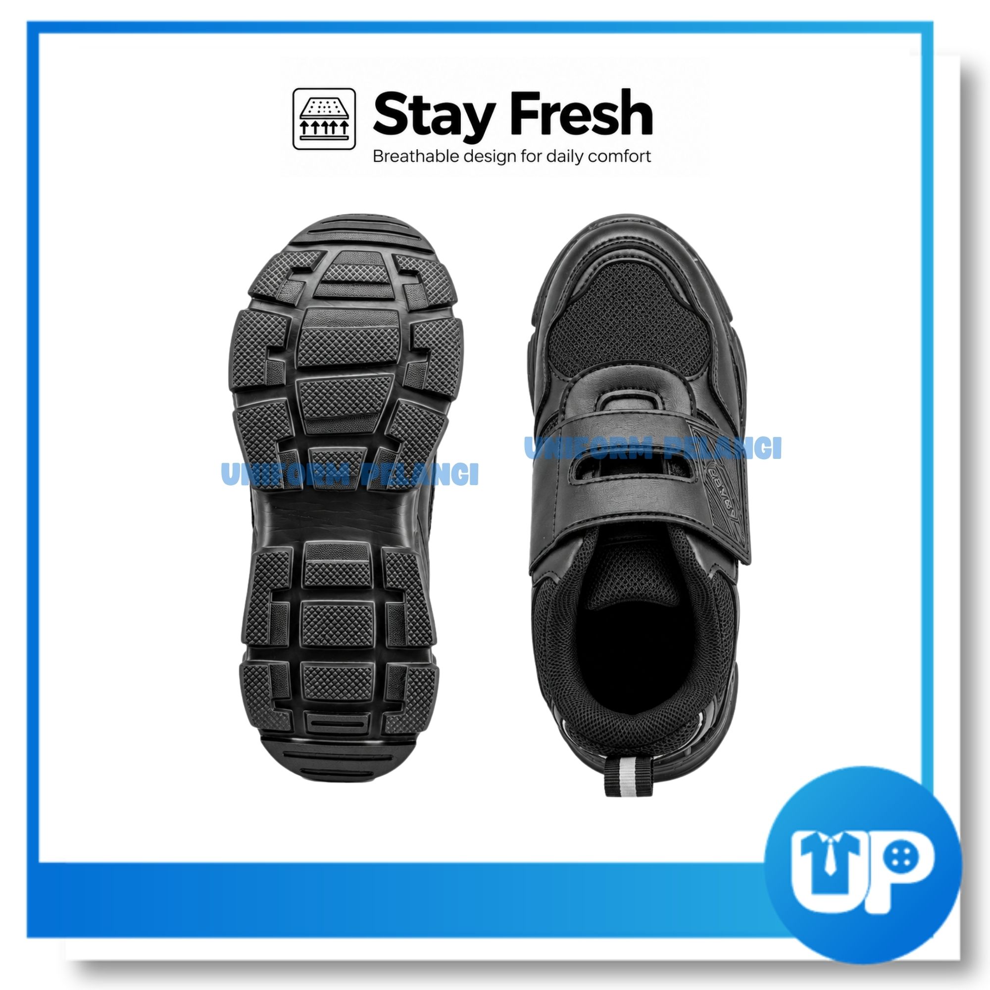 ABARO Kasut Sekolah Hitam Velcro Strap Mesh Material Lightweight Sekolah Soft Cushion Shoe (2817N)