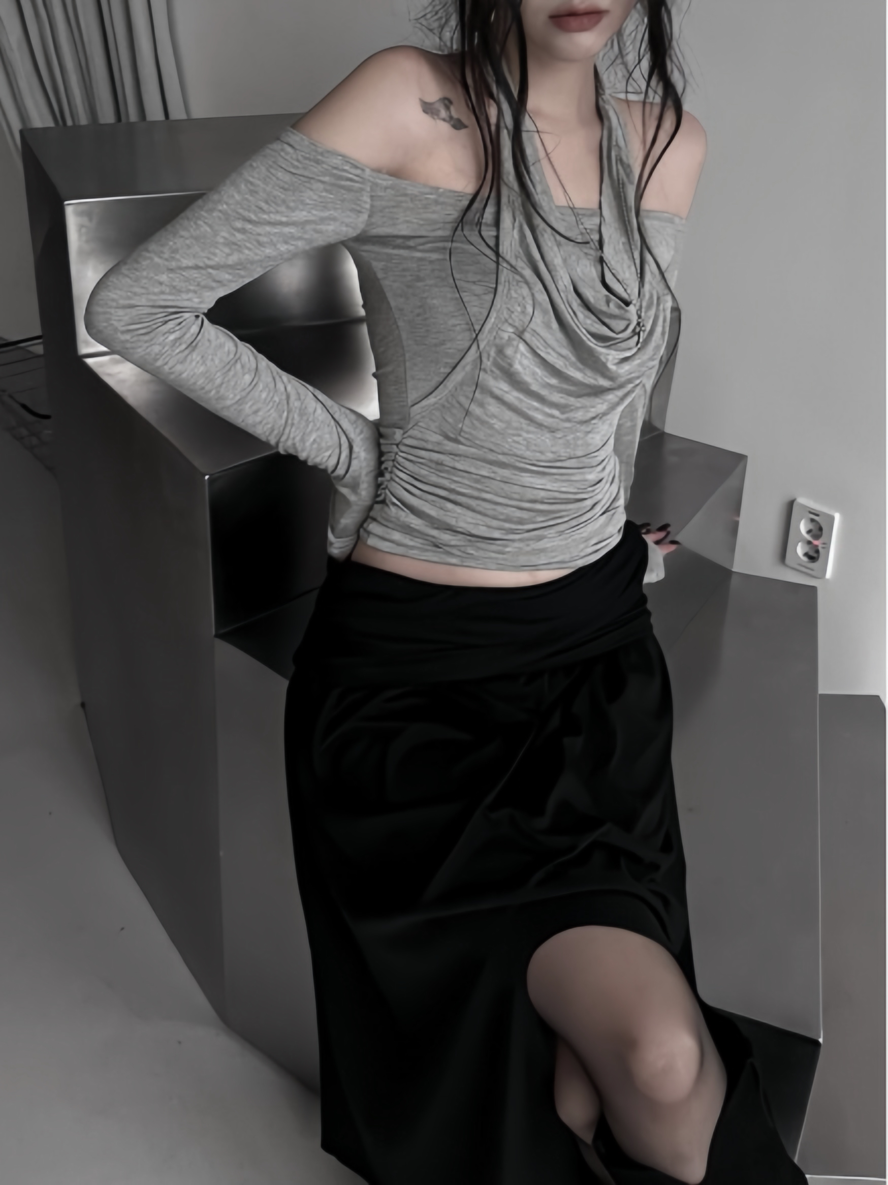 Halter Off-Shoulder Ruched Long Sleeve