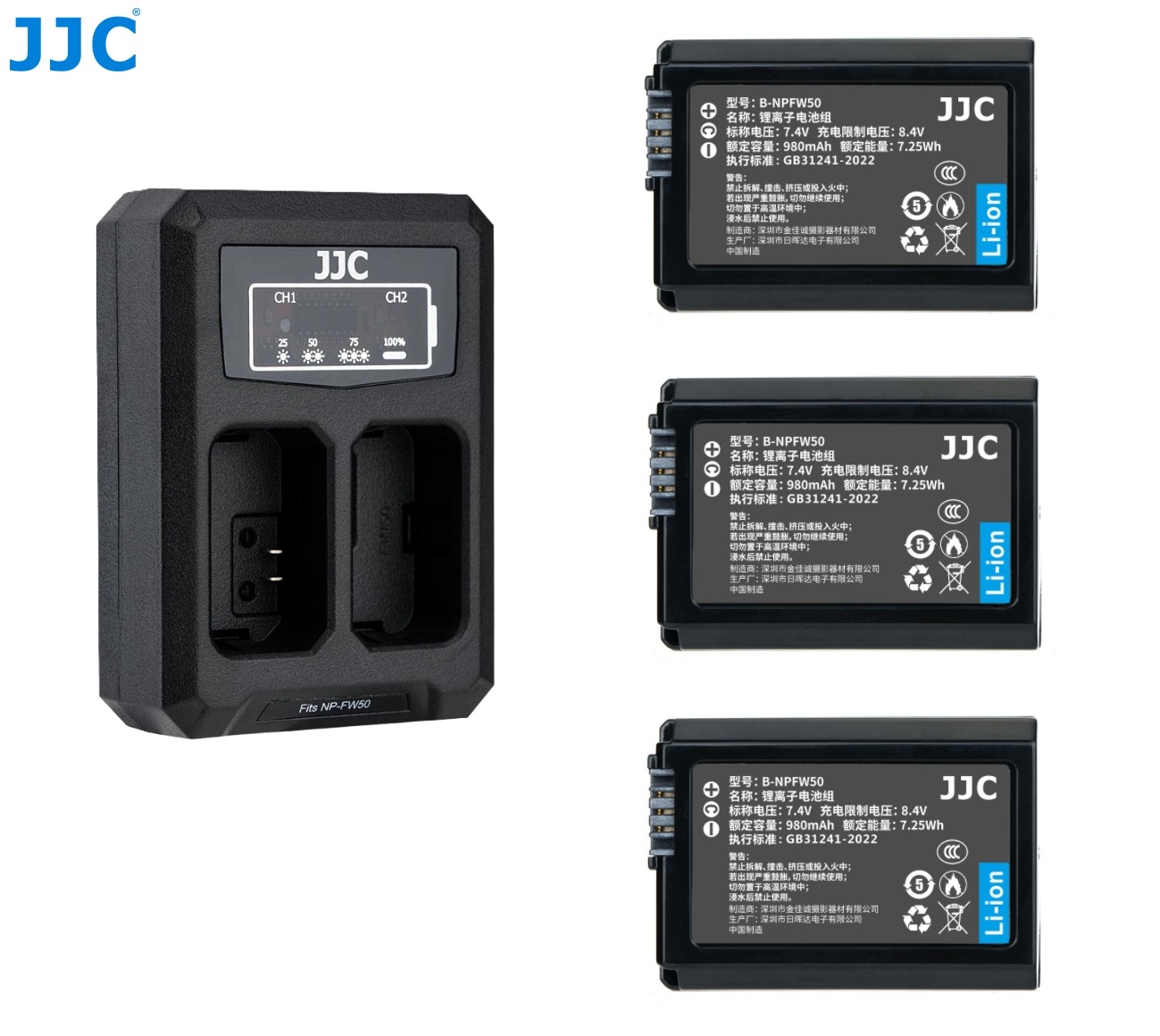 JJC NP-FW50 Fully Decoded Lithium-ion Battery For Sony Alpha With USB Dual Battery Charger 電池連充電機 (CCC Certification / 3C認證)