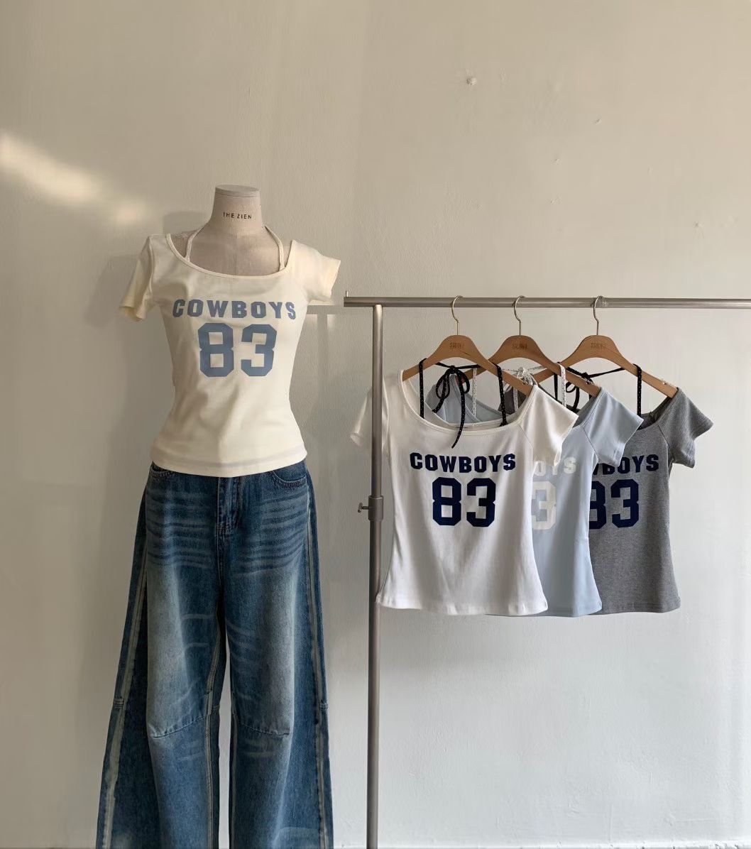 韓國拼色83露膊假兩件Tee