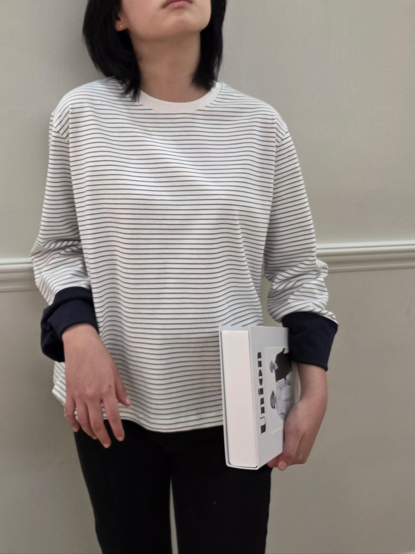 拼色摺袖間條top