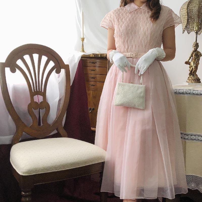 RARE! 1950s Blush Pink Gathered Textured Fit and Flare Gown and Belt/Day & Night Dress (MT916)