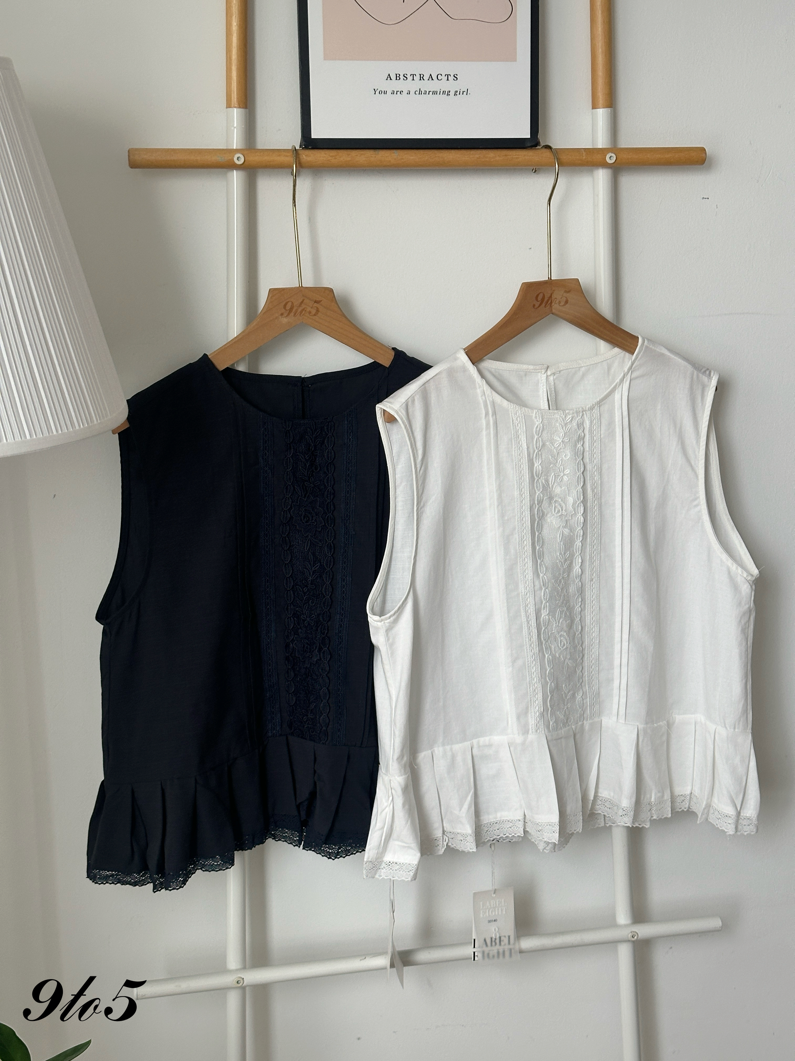 T4209 Sleeveless Top Lace Trim - Blue & White