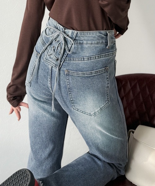 綁帶喇叭高腰牛仔褲【JP010】