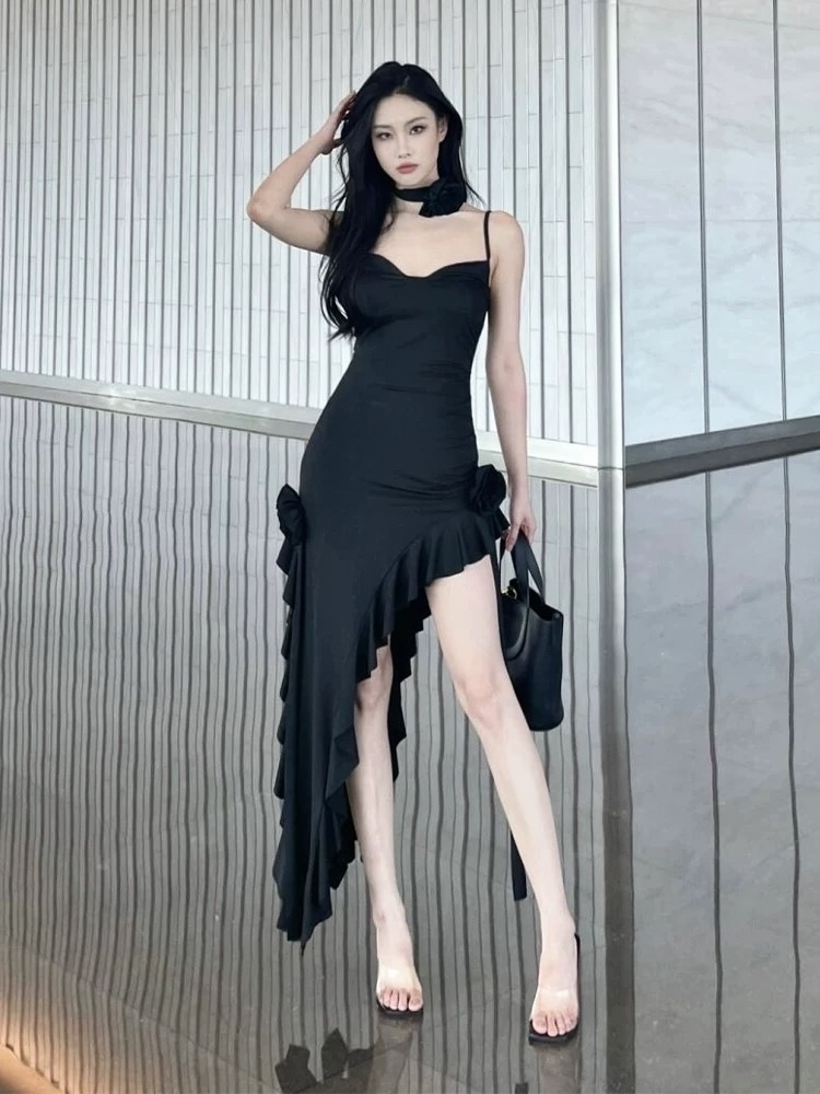 法式设计感荷叶边吊带御姐性感收腰不规则长裙