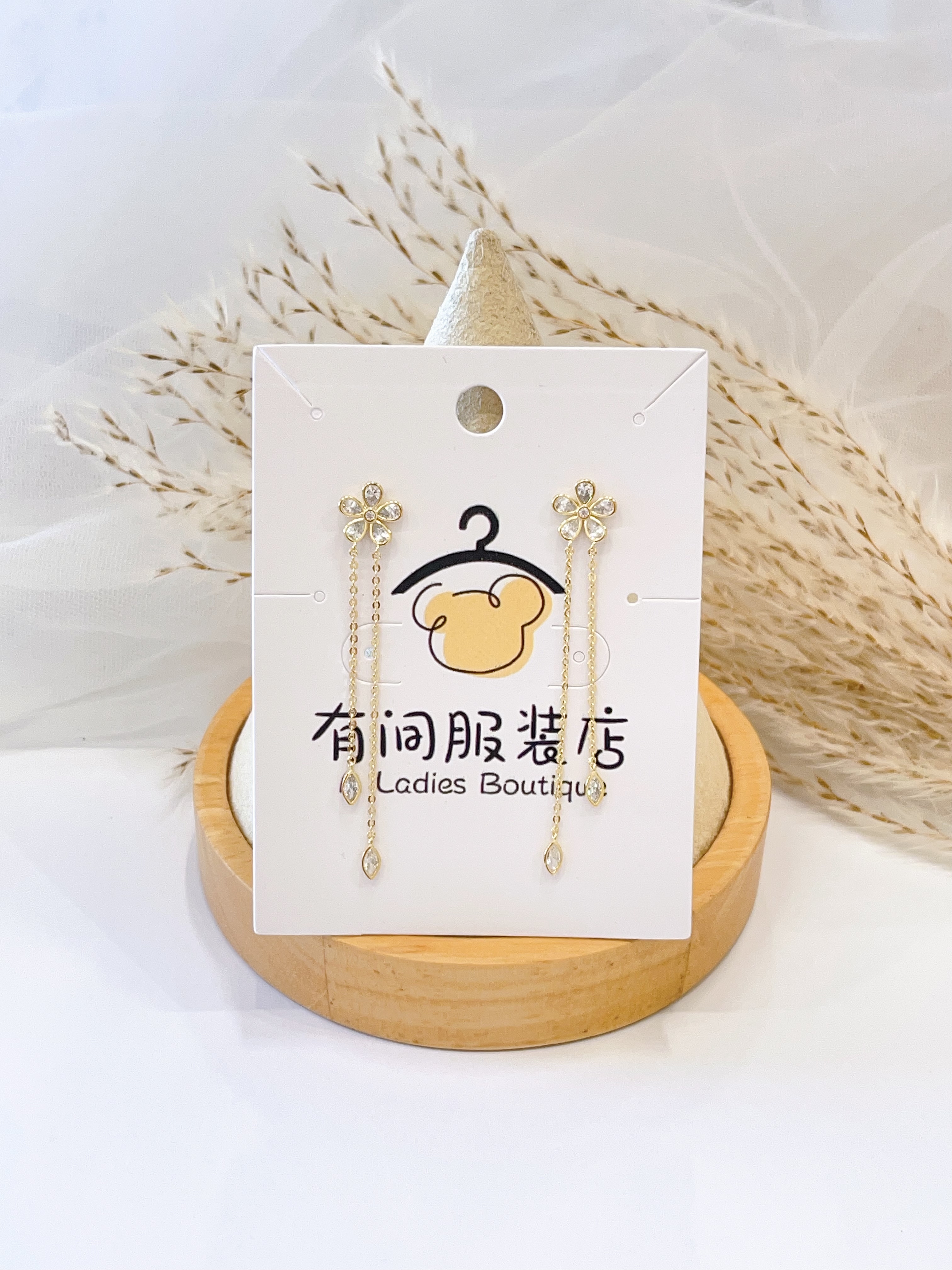 韩系小花锆石流苏耳环