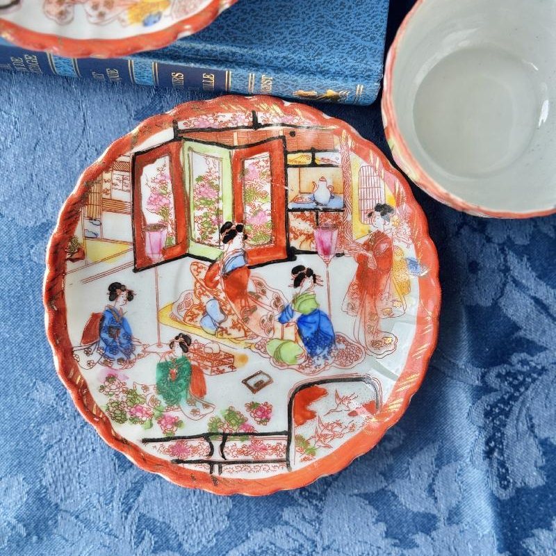 Vintage Pre-1950s Egg-Shell Quality Hand-Painted Japanese Tea Set Pair – Elegant Kimono-Clad Ladies in Traditional Home Scenes(MT2033)