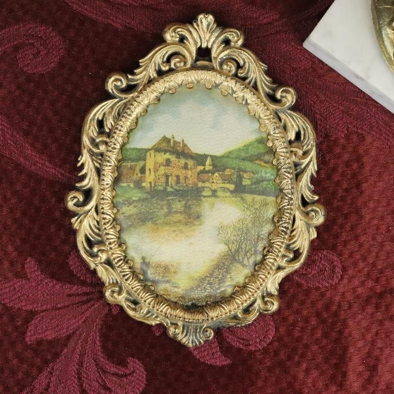 Vintage C.a. 1970s Made in Hong Kong Itallian Silk Print Small Picture Wall Deco in Antique Style Frame - Village(MT1653)