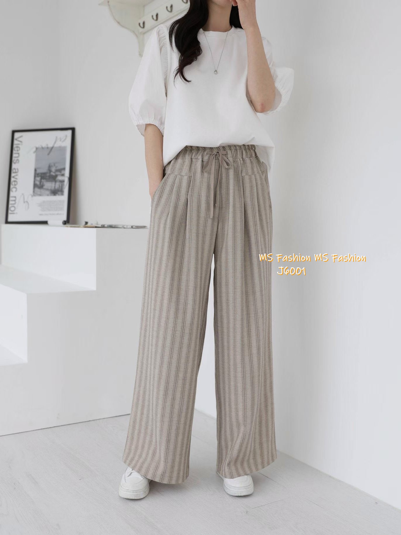 J6001 韓國🇰🇷靚料條子闊褲 