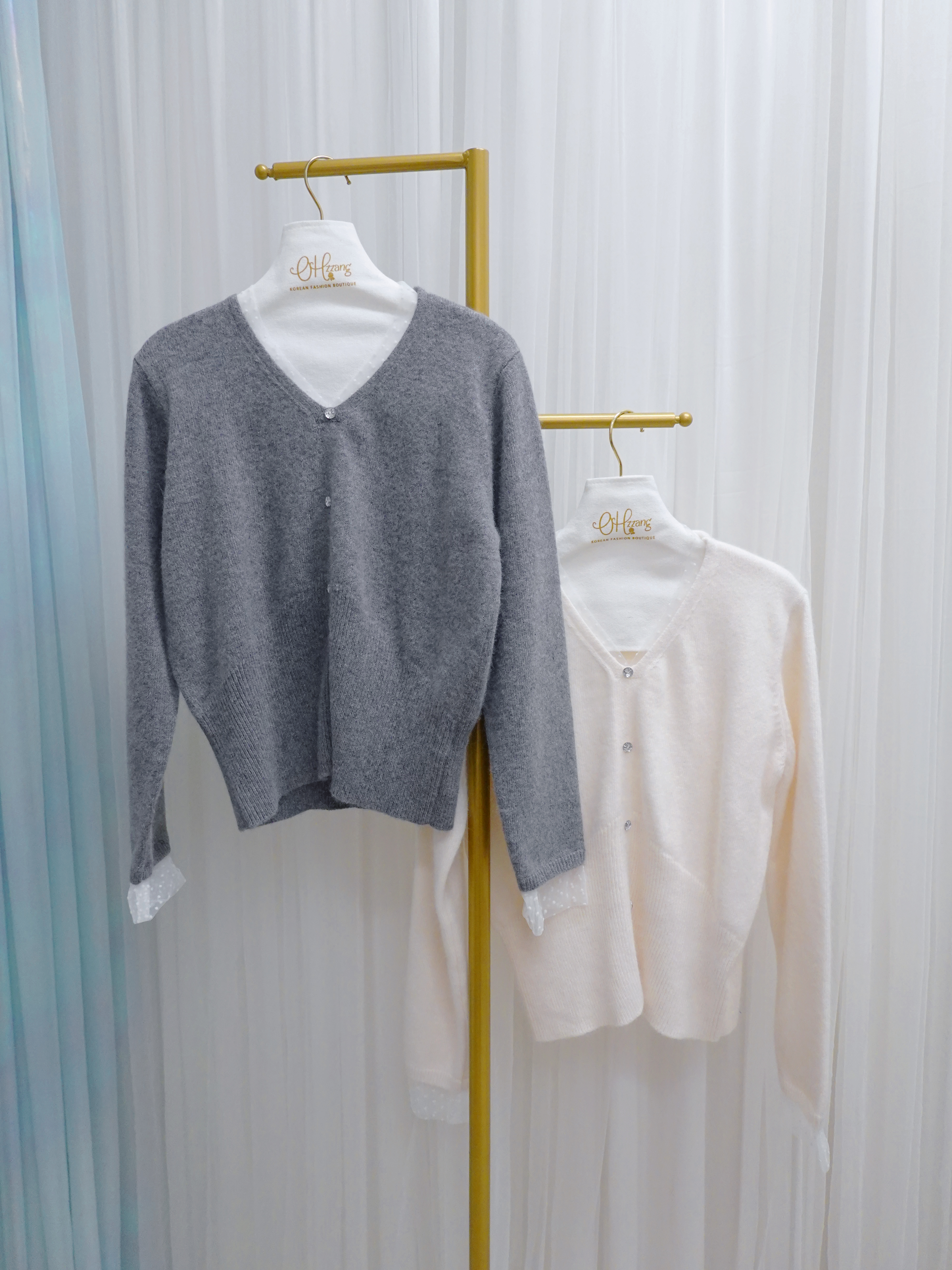 TOP06_12A 紗紗V領閃石扣KNIT (2色)