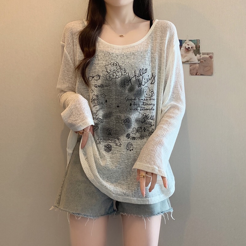 B425(A1249) 韩系甜美风纯色吊带与薄款涂鸦KITTY罩衫蓝白两件套上衣 