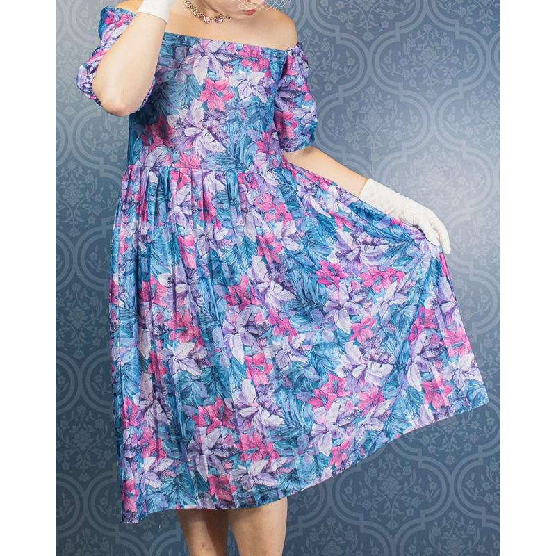 Remade - Made in USA Tropical Violet and Blue Floral Off-shoulder Day Dress (MU104-13)