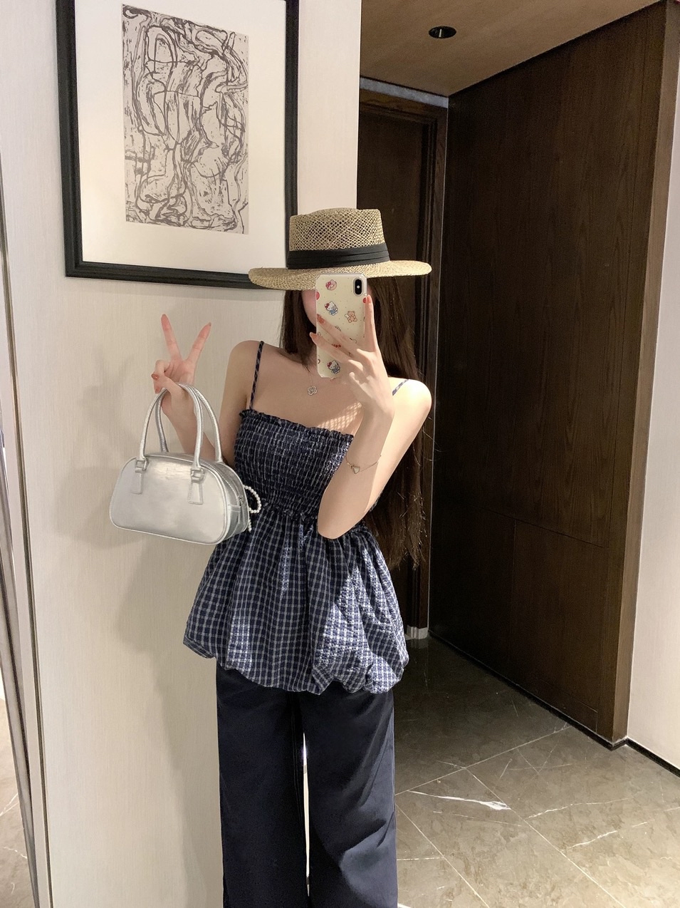 格子花苞吊带蝴蝶结