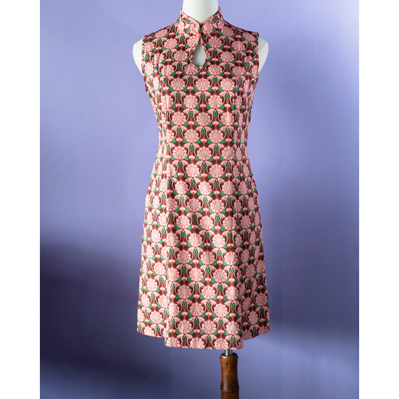 (Custom-Made)100% Organic Cotton 60s Style Floral Pattern Mandarin Collar Shift Dress(FM166)