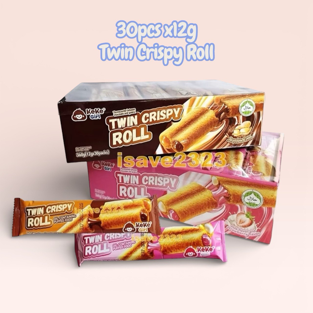30pcs x 12g Keke Girl Twins Crispy Roll wafer (chocolate peanut/ strawberry milk)