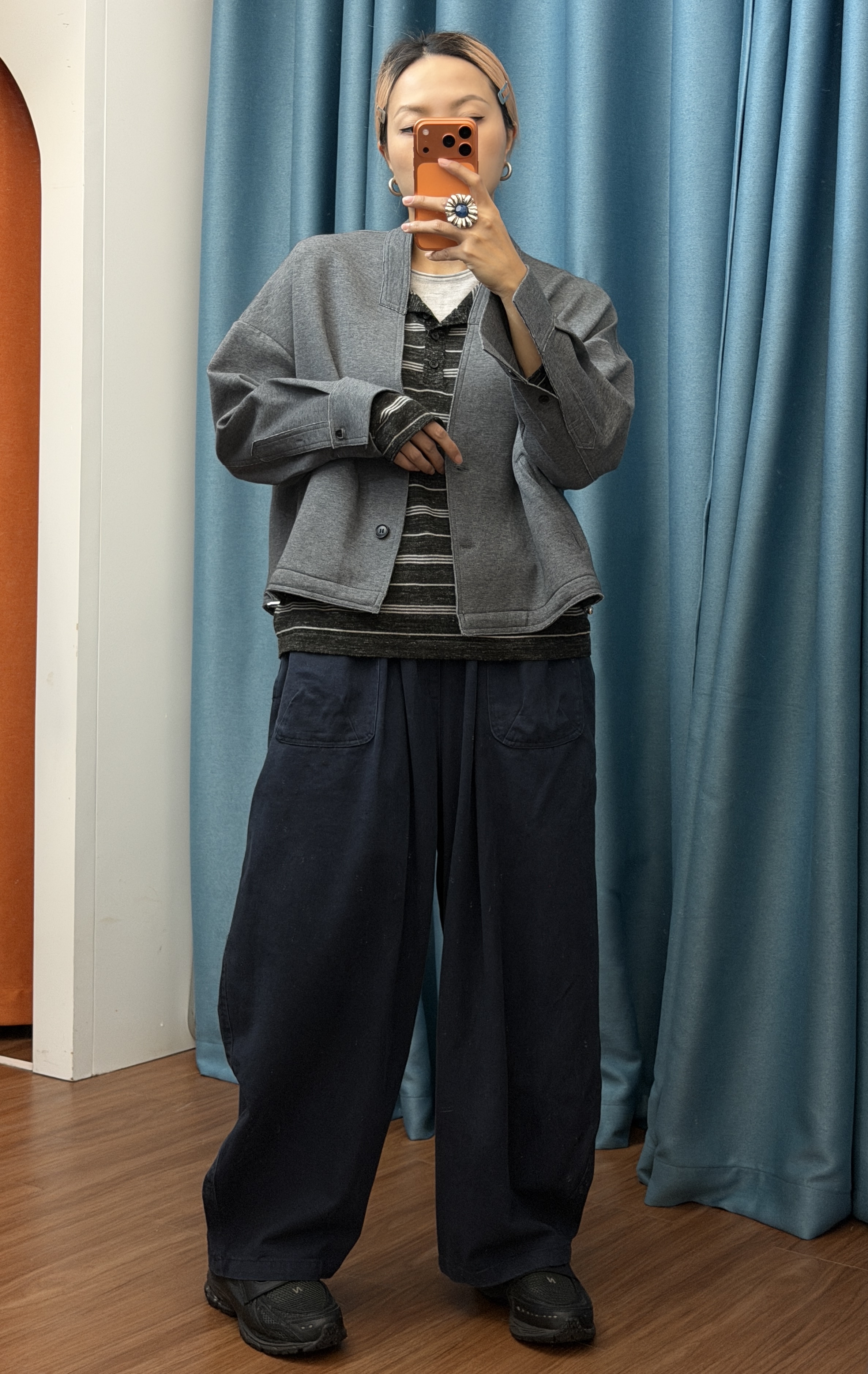 休閒鬆緊腰大口袋扯布棉寬褲