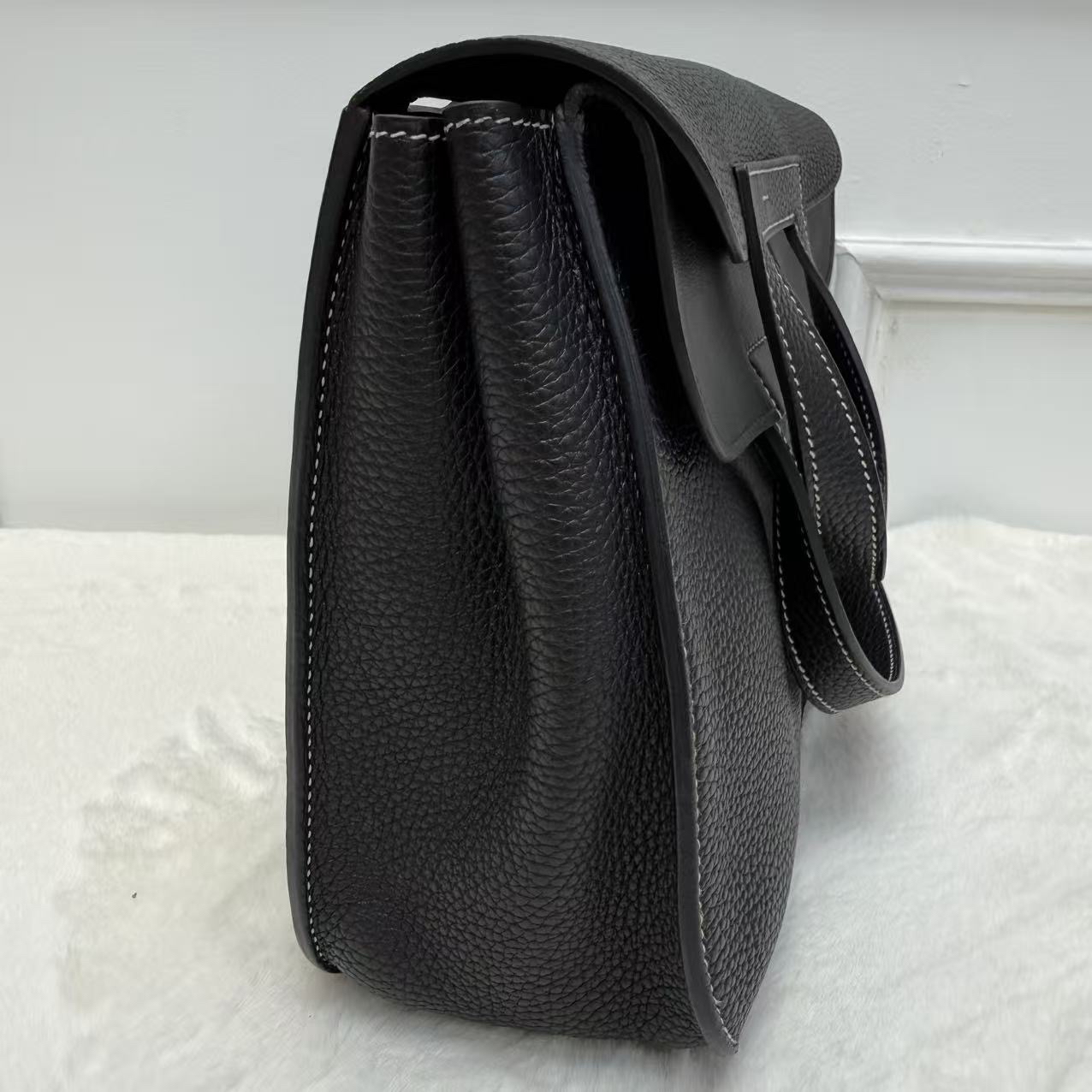 Hermes/愛馬仕 halzan31 哈喇子斜挎包 黑銀 走白線 Togo皮 手提單肩包