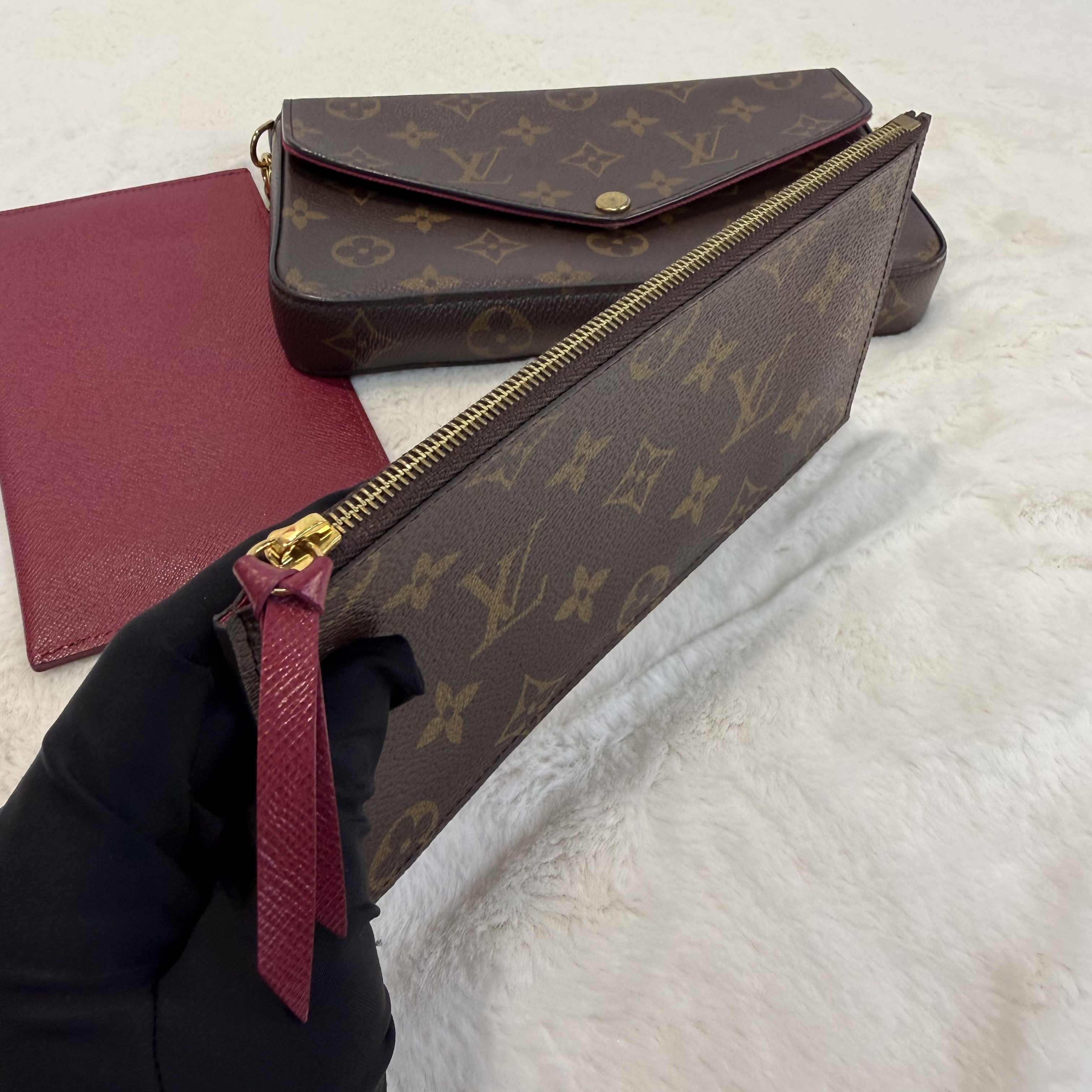 LV/路易威登 Felicie Pochette 經典老花 塗層帆布拼牛皮 三合一袋