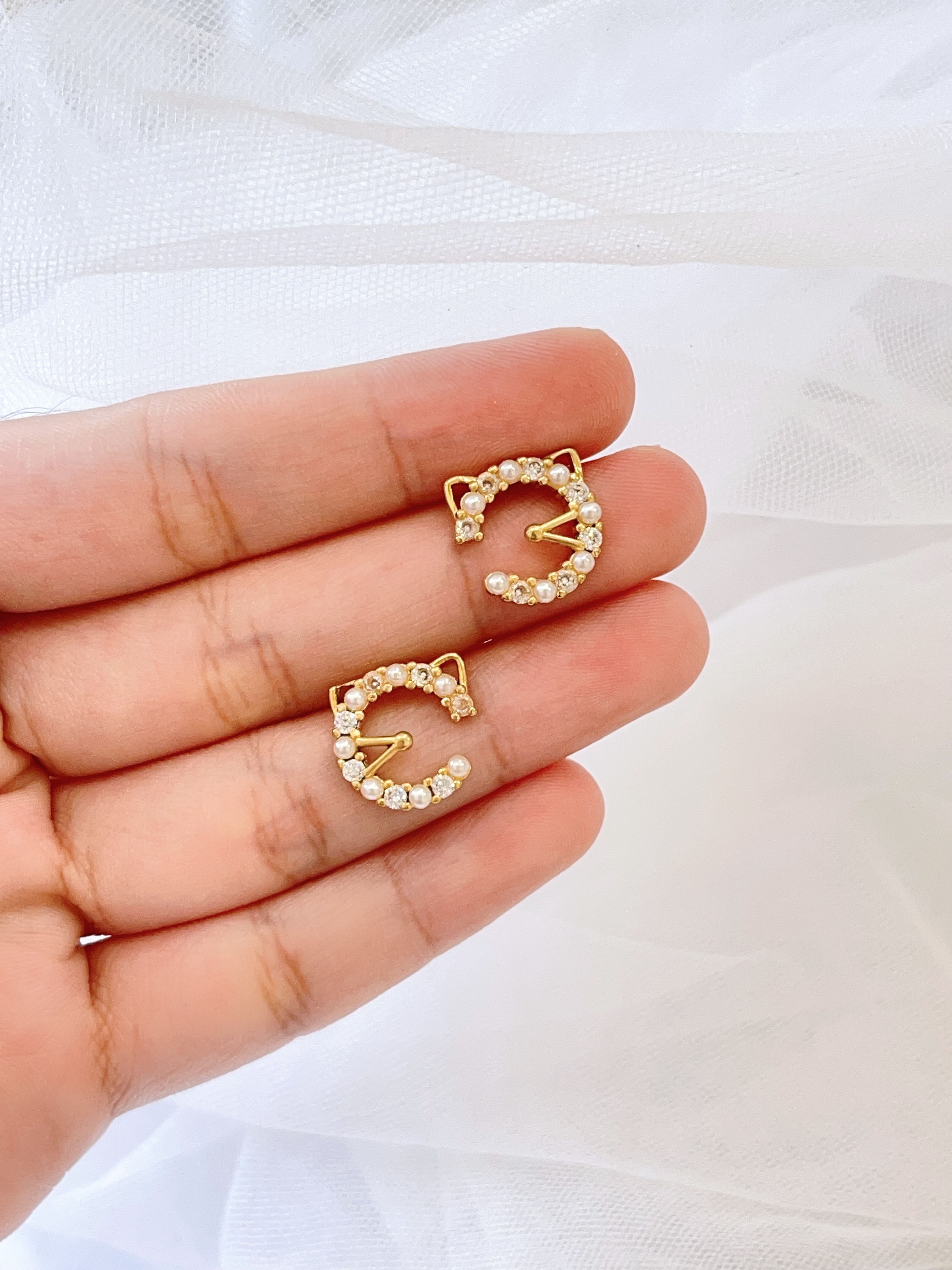 金色镶钻珍珠小猫咪耳环