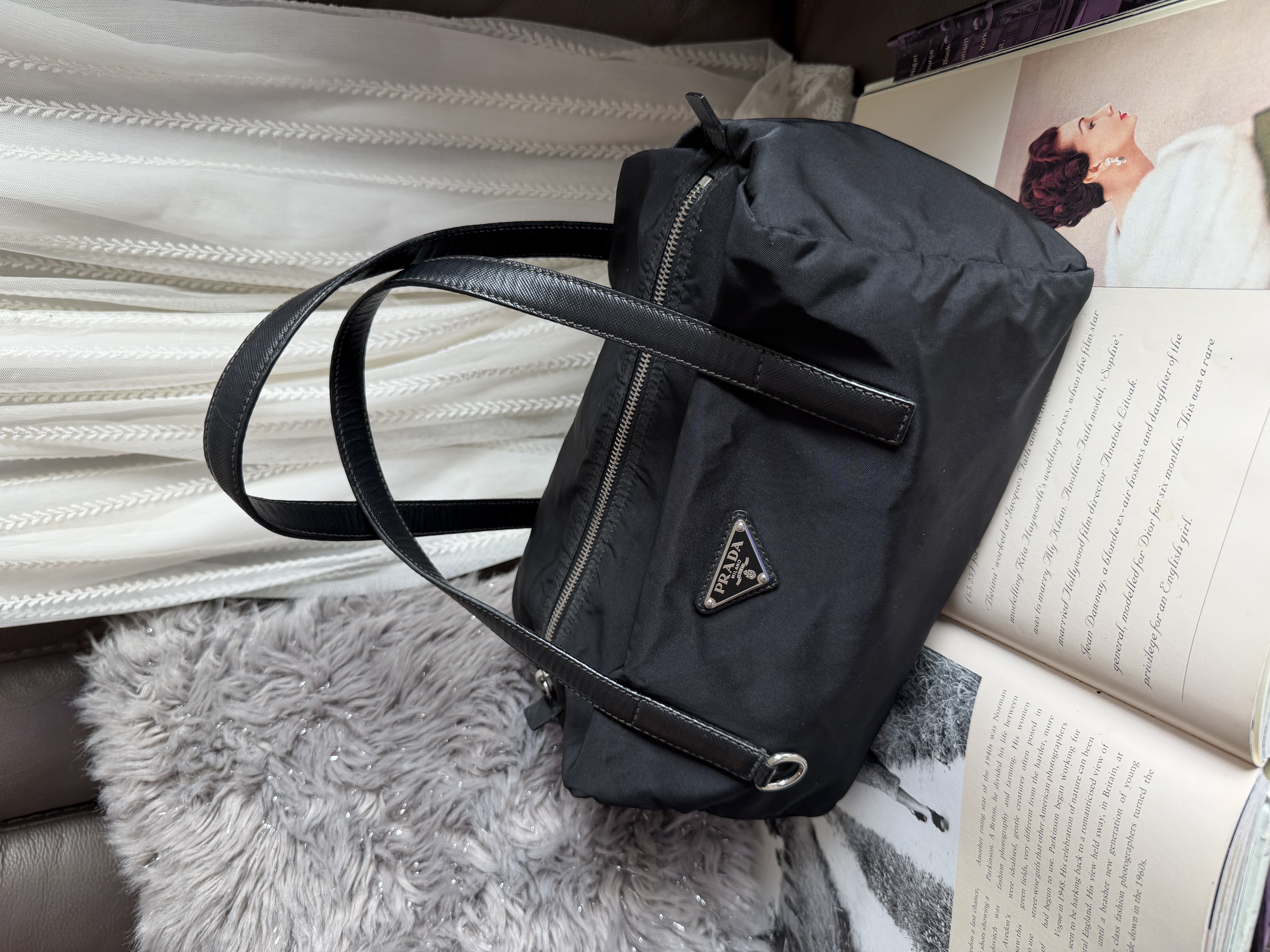 Prada black nylon / leather shoulder tote bag