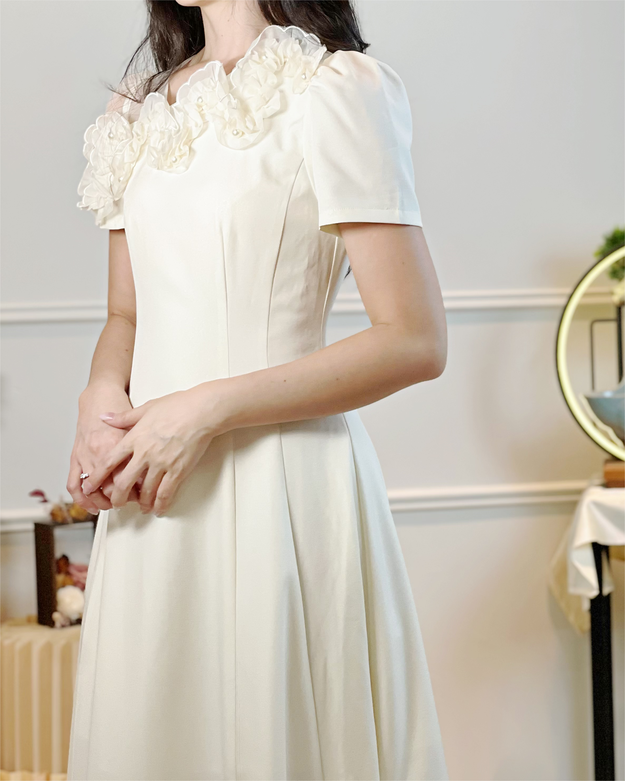 5093 3D Floral Chiffon Appliqué Midi Dress