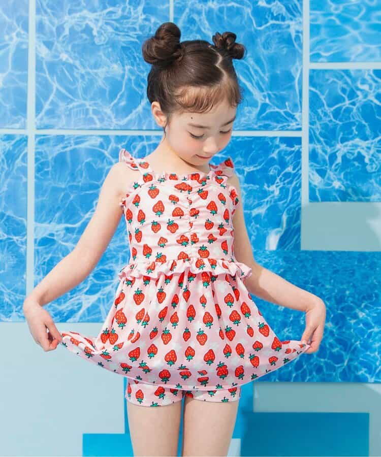 🇯🇵預訂 日本直送🇯🇵BREEZE兩色草莓花卉滿印荷葉邊吊帶連身泳衣